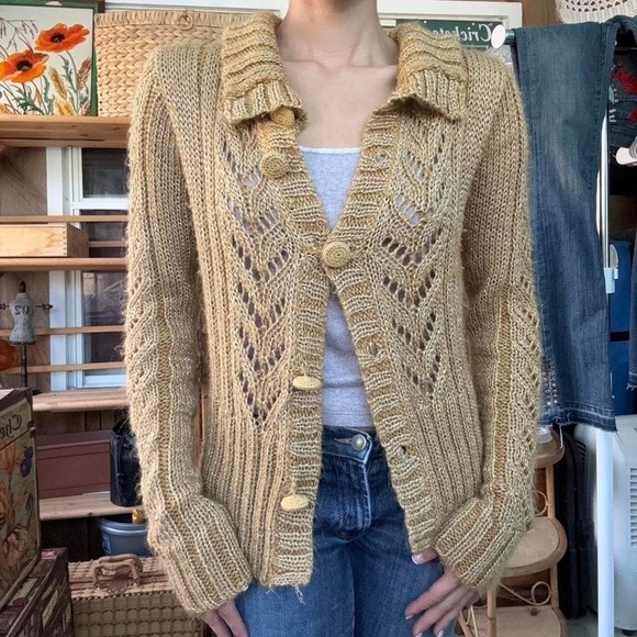 BCBGMaxAzria Sweaters - BCBGIRLS Gold Metallic Knit Cardigan Sweater Mustard Yellow Pointelle Button Up